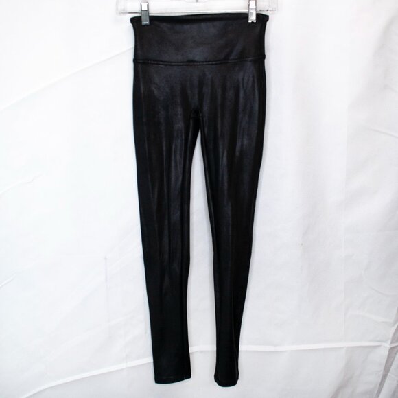 Spanx Faux Leather Leggings Womens Small Petite SP Black Stretch Shaping BB12X - Picture 1 of 5